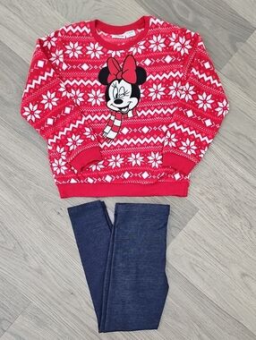 Disney Minnie Mouse Red Fair Isle Kids Sweatshirt And Blue Leggings